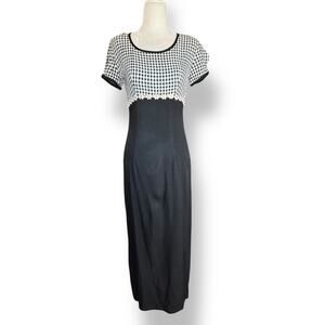 Vintage 90s All That Jazz Daisy Trim Gingham Maxi Dress Black White Yellow